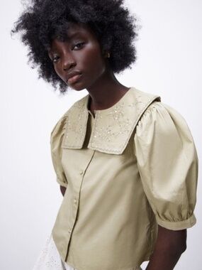 Zara Embroidered Collar Shirt in Sea Green